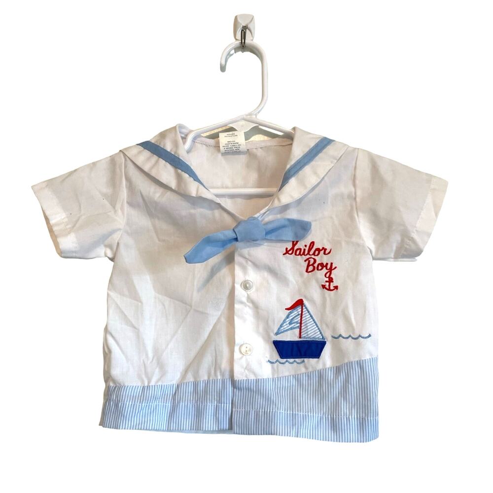 Cuties by Judy vintage Sailor Boy button up shirt short sleeve embroidered 12mo